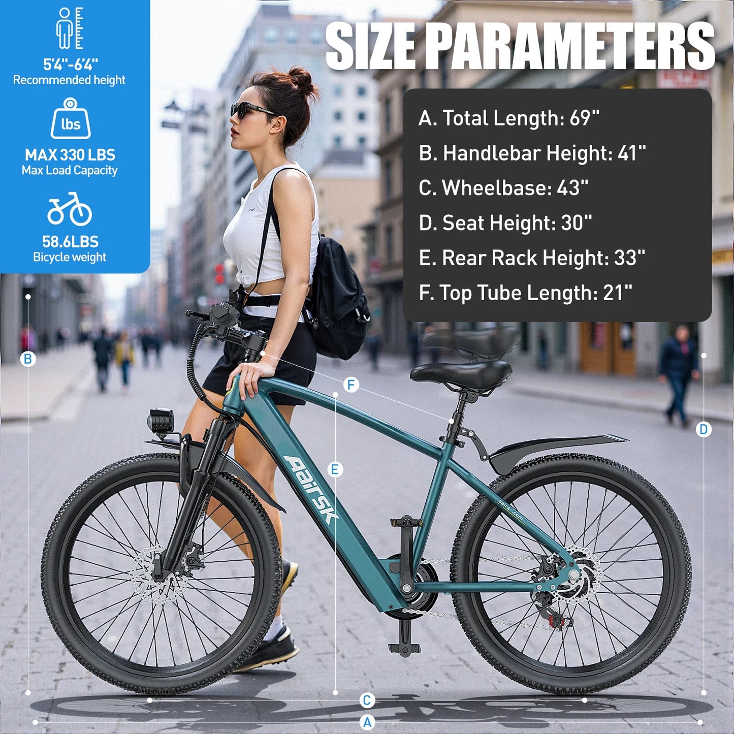 AAIRSK GT300 Electric Bike – 400W Motor | 36V 10Ah Battery | 26″ Tyres | Shimano 7-Speed | Front Suspension | Up to 65km Range | Mountain Commuter E-Bike
