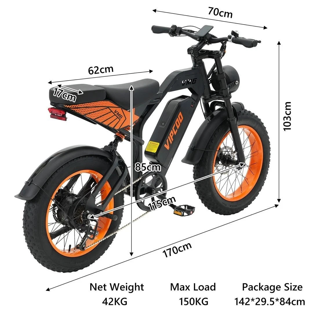 VIPCOO VM6 Fat Tire Electric Bike – 750W Motor | 48V Battery | 20″×4″ Tires | Shimano 7-Speed | Hydraulic Disc Brakes | Retro Moped Style