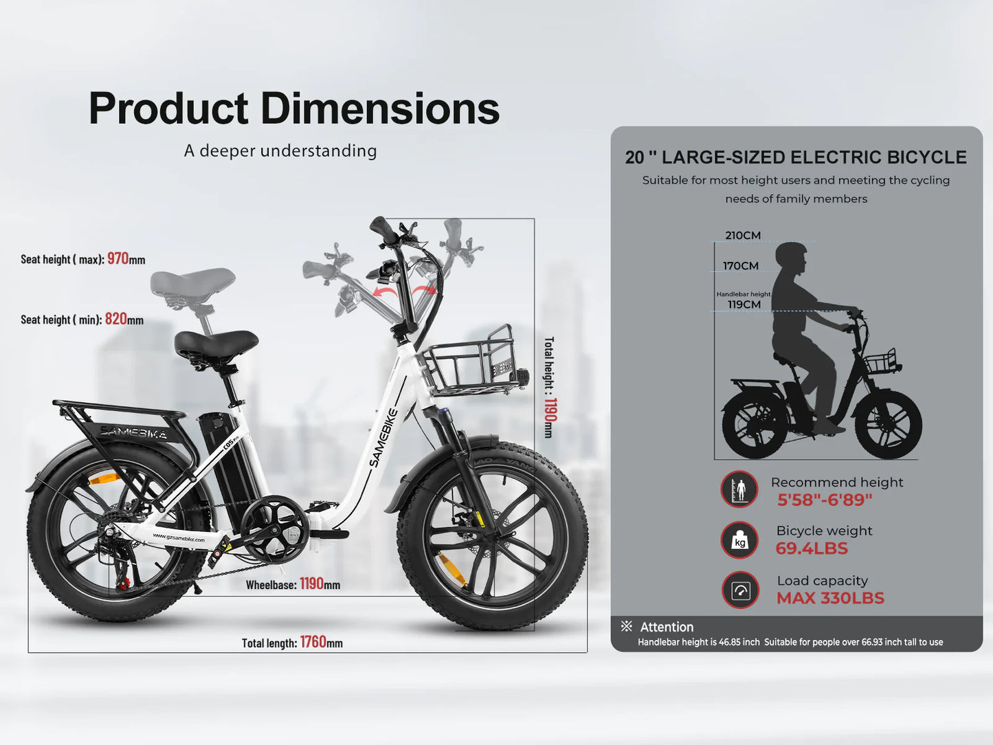 SAMEBIKE C05 Pro Electric Bike – 250W Motor | 36V 13Ah Battery | 20″ × 4.0″ Fat Tyres | Folding Step-Through E-Bike | Up to 90km Range