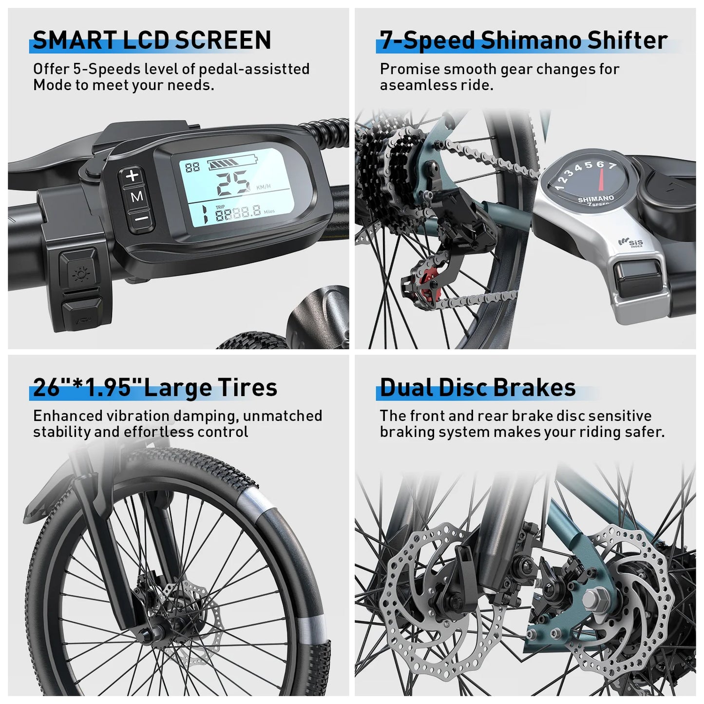 AAIRSK GT300 Electric Bike – 400W Motor | 36V 10Ah Battery | 26″ Tyres | Shimano 7-Speed | Front Suspension | Up to 65km Range | Mountain Commuter E-Bike