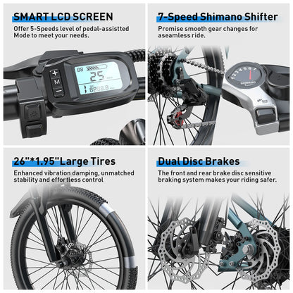 AAIRSK GT300 Electric Bike – 400W Motor | 36V 10Ah Battery | 26″ Tyres | Shimano 7-Speed | Front Suspension | Up to 65km Range | Mountain Commuter E-Bike