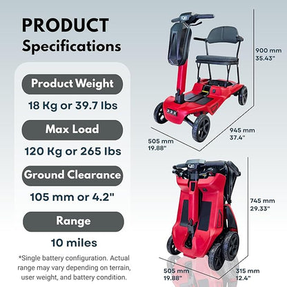 Folding Mobility Scooter – 24V 270W Motor | 24V 10Ah Removable Lithium Battery | Lightweight 18kg Frame | Up to 10 Mile Range | Portable Travel Mobility Scooter