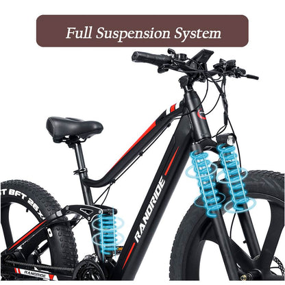RANDRIDE YX90M Electric Bike – 1000W Motor | 48V 13.6Ah Battery | 26″ × 4.0″ Fat Tyres | Full Suspension | Hydraulic Brakes | Up to 90km Range
