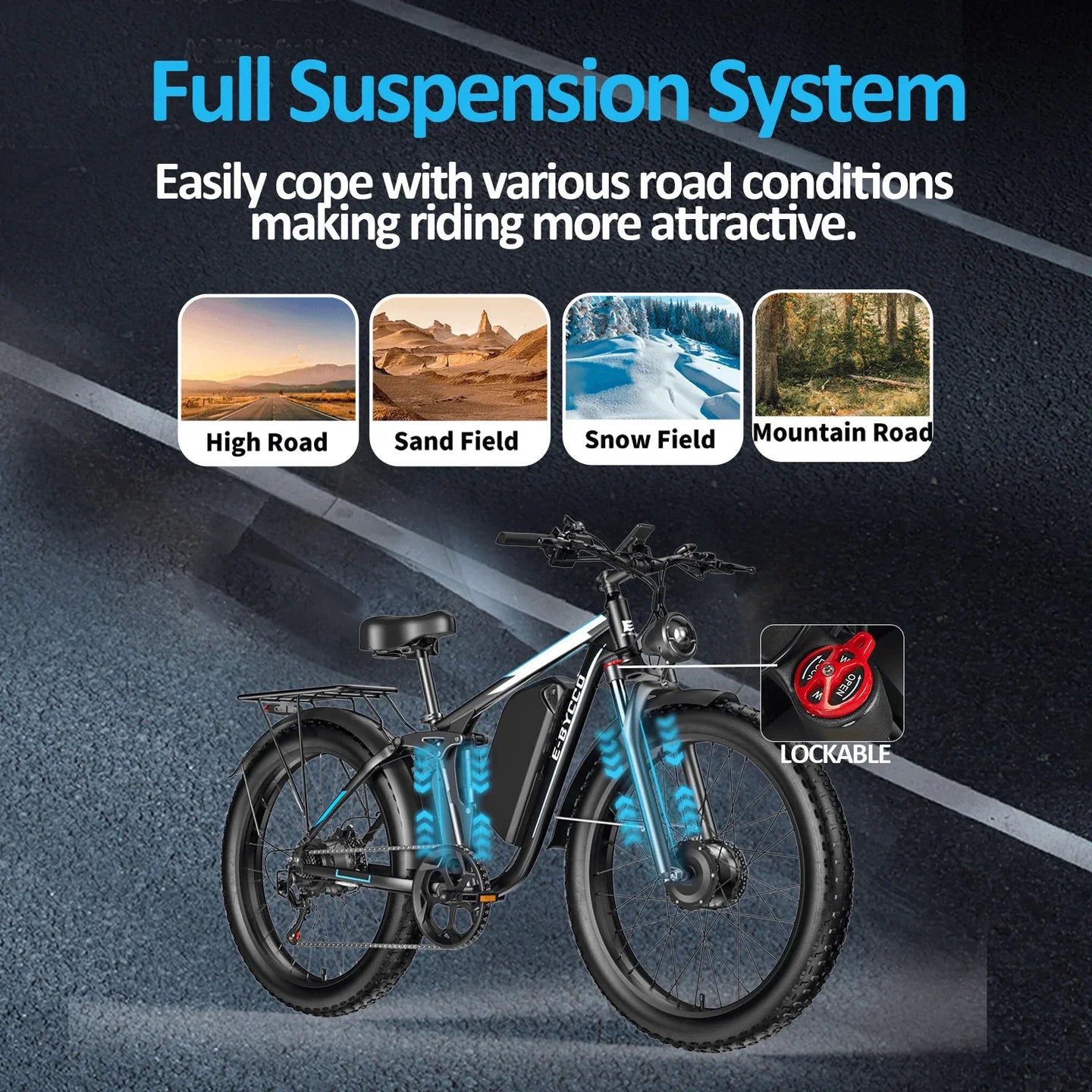 E-BYCCO EB7 Pro Electric Bike – 1000W Dual Motor | 52V 23Ah Battery | 26″ Fat Tyres | Full Suspension | Up to 55km/h High-Performance E-Bike