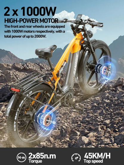 RANDRIDE YX80M-2 Dual Motor Electric Bike – 2000W Dual Motors | 48V 20Ah Battery | 26″ × 4.0″ Fat Tyres | Hydraulic Brakes | Full Suspension E-Mountain Bike