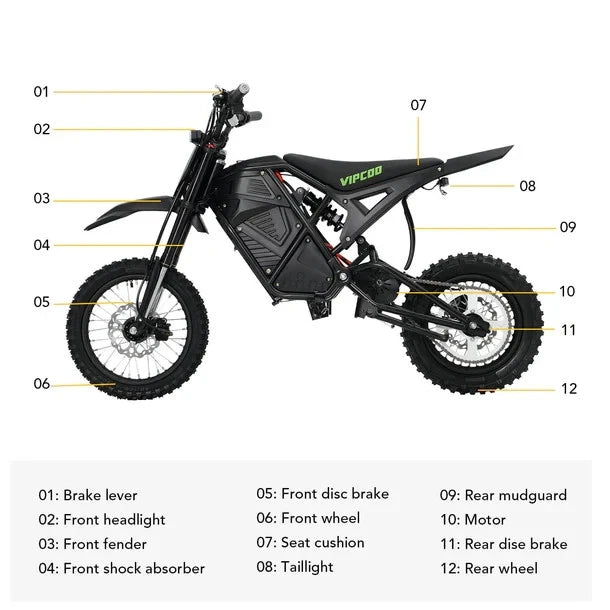 VIPCOO H3 Electric Dirt Bike – 3500W Motor | 48V 23Ah Battery | Off-Road Cruiser